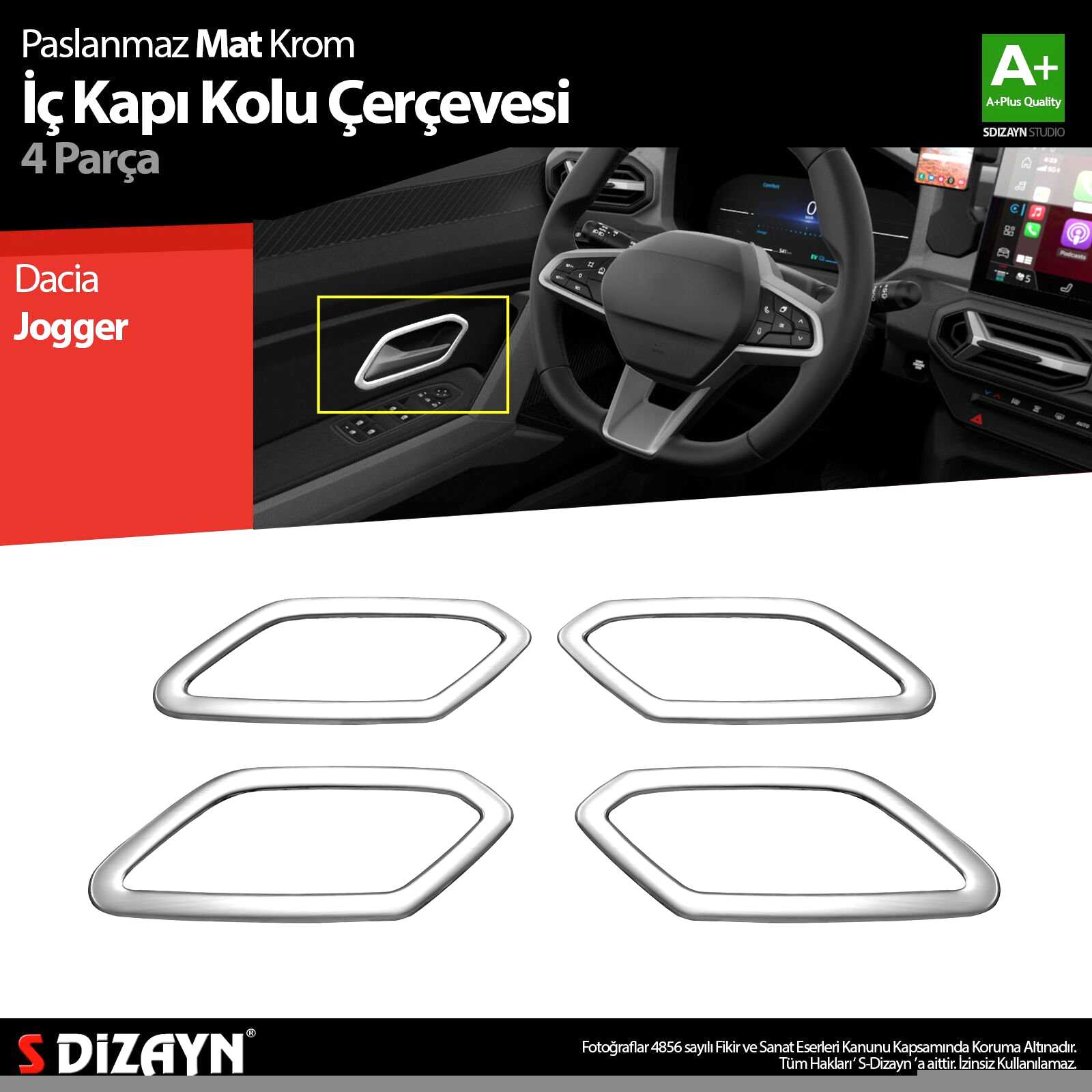 S-Dizayn Dacia Jogger Krom İç Kapı Kolu Çerçevesi 4 Prç 2022 Üzeri A+ Kalite (Mat Krom)