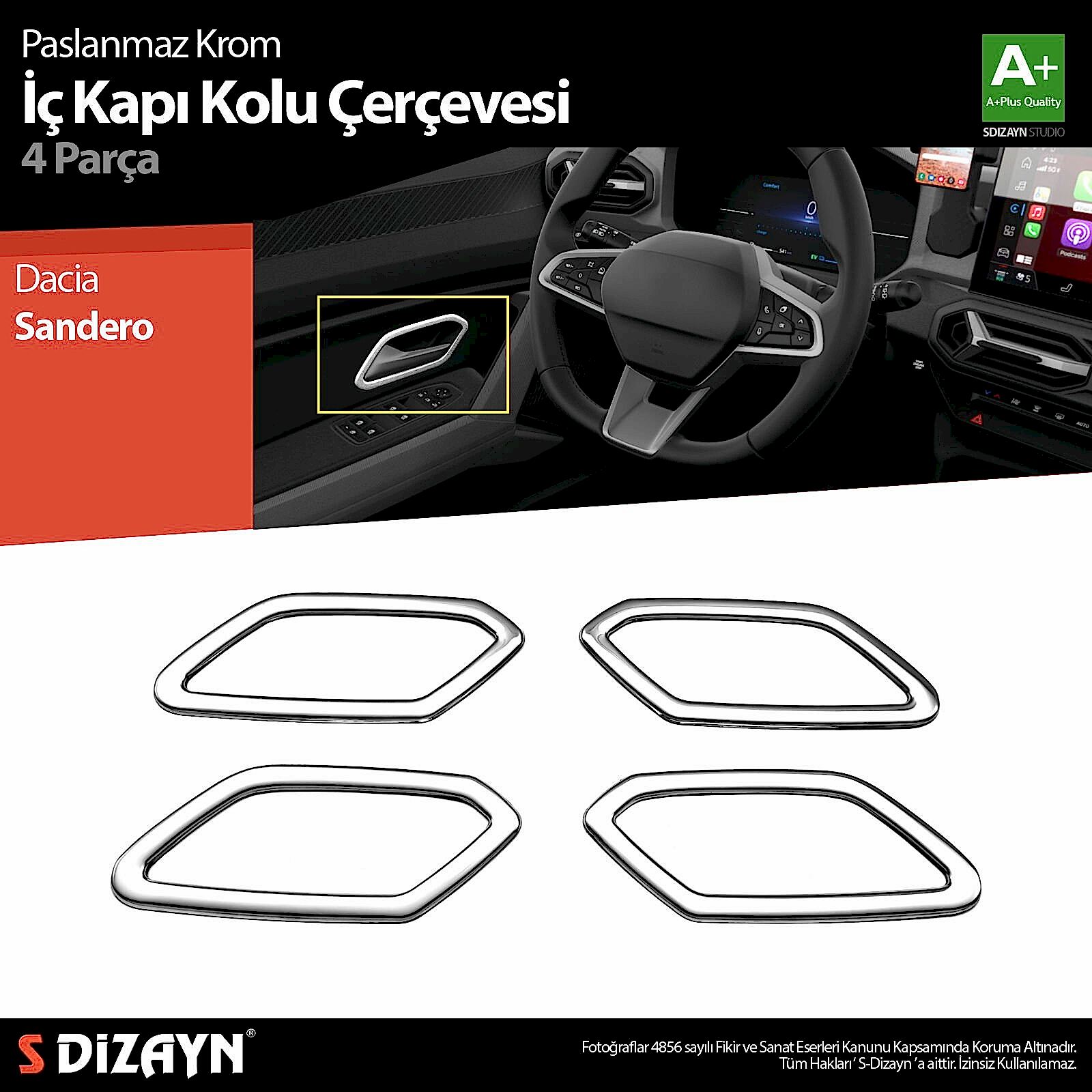 S-Dizayn Dacia Sandero Krom İç Kapı Kolu Çerçevesi 4 Prç 2020 Üzeri A+ Kalite
