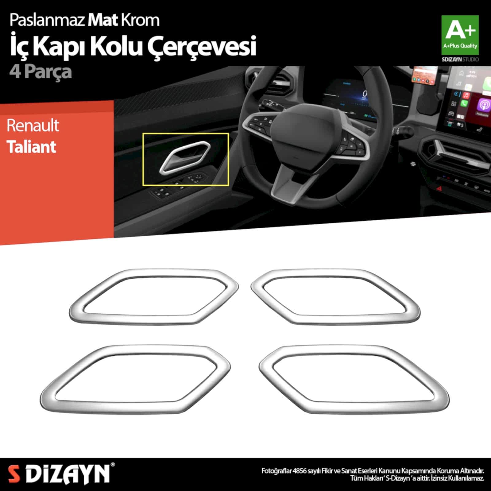 S-Dizayn Renault Taliant Krom İç Kapı Kolu Çerçevesi 4 Prç 2021 Üzeri A+ Kalite (Mat Krom)