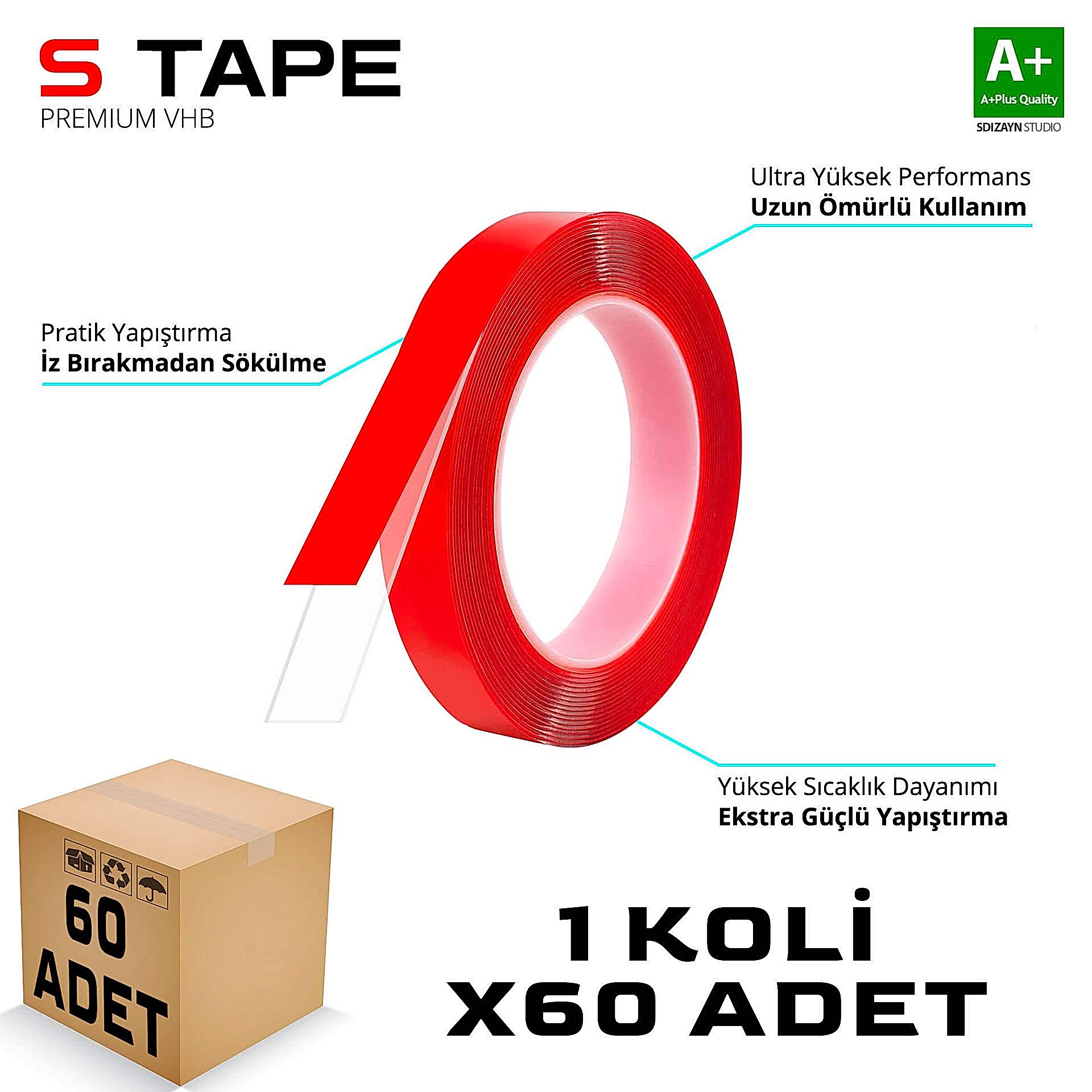 S-Dizayn Çift Taraflı Bant 10mm x 5 Metre Şeffaf Silikon VHB Bant 60'lı Koli A+Kalite