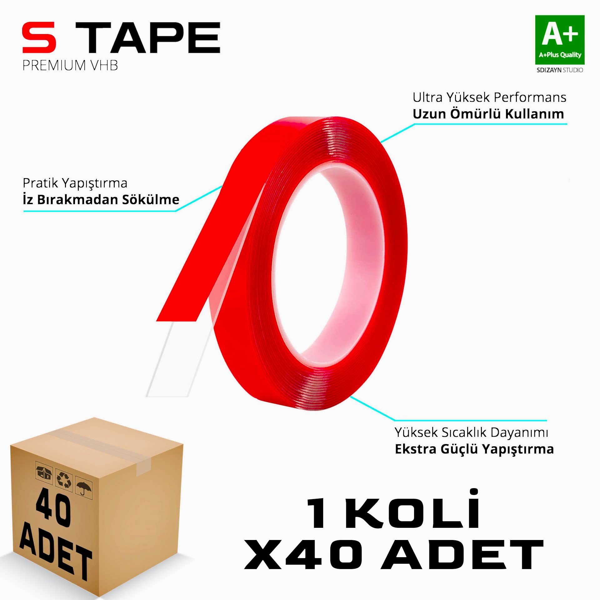 S-Dizayn Çift Taraflı Bant 10mm x 33 Metre Şeffaf Silikon VHB Bant 40'lı Koli A+Kalite