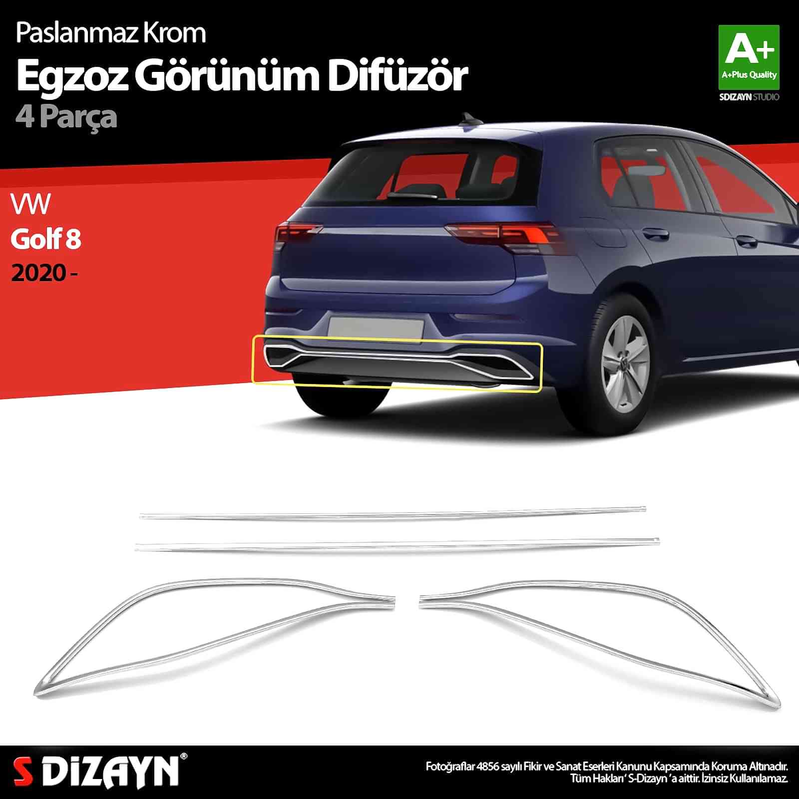 S-Dizayn VW Golf 8 Egzoz Görünümü Difüzör 4 Prç. 2020 Üzeri