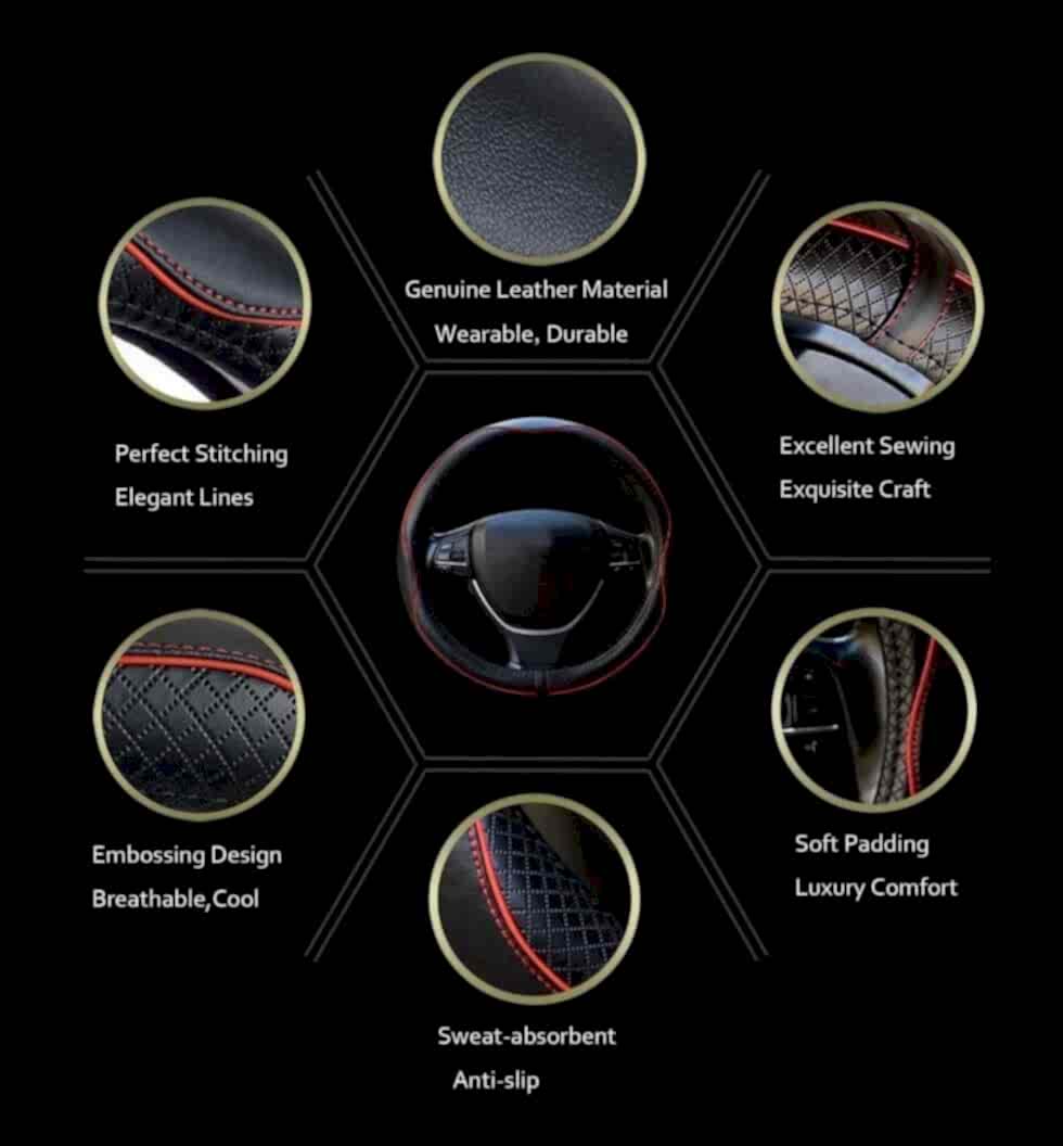 Direksiyon Simidi Kaplaması, 38 cm/15 inç Deri Direksiyon Simidi Kılıfı İğne ve İplikle El Yapımı