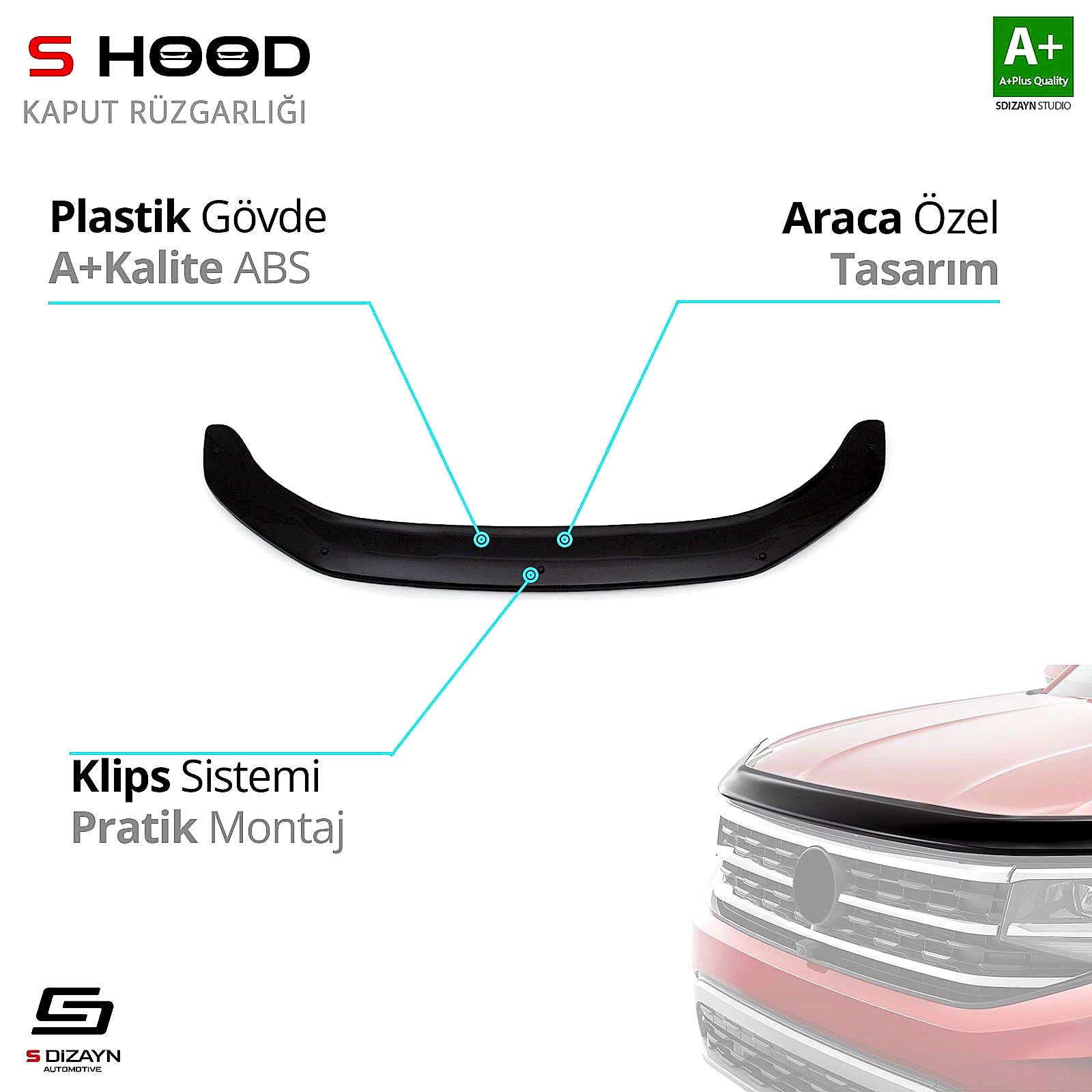 S-Dizayn Ssangyong Uyumlu Tivoli ABS Plastik Kaput Rüzgarlığı 2015 Üzeri A+Kalite Parça